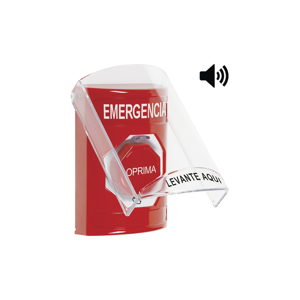Botón de Emergencia en Español con Tapa Protectora de Policarbonato Súper Resistente, Acción Mantenida, Girar para Restablecer y Sirena