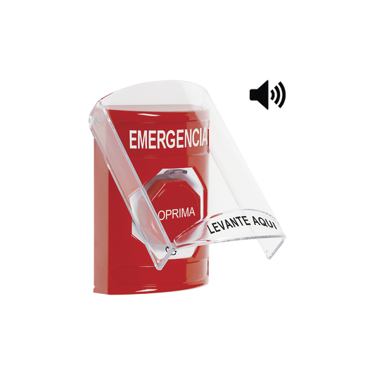 Botón de Emergencia en Español con Tapa Protectora de Policarbonato Súper Resistente, Acción Mantenida, Girar para Restablecer y Sirena
