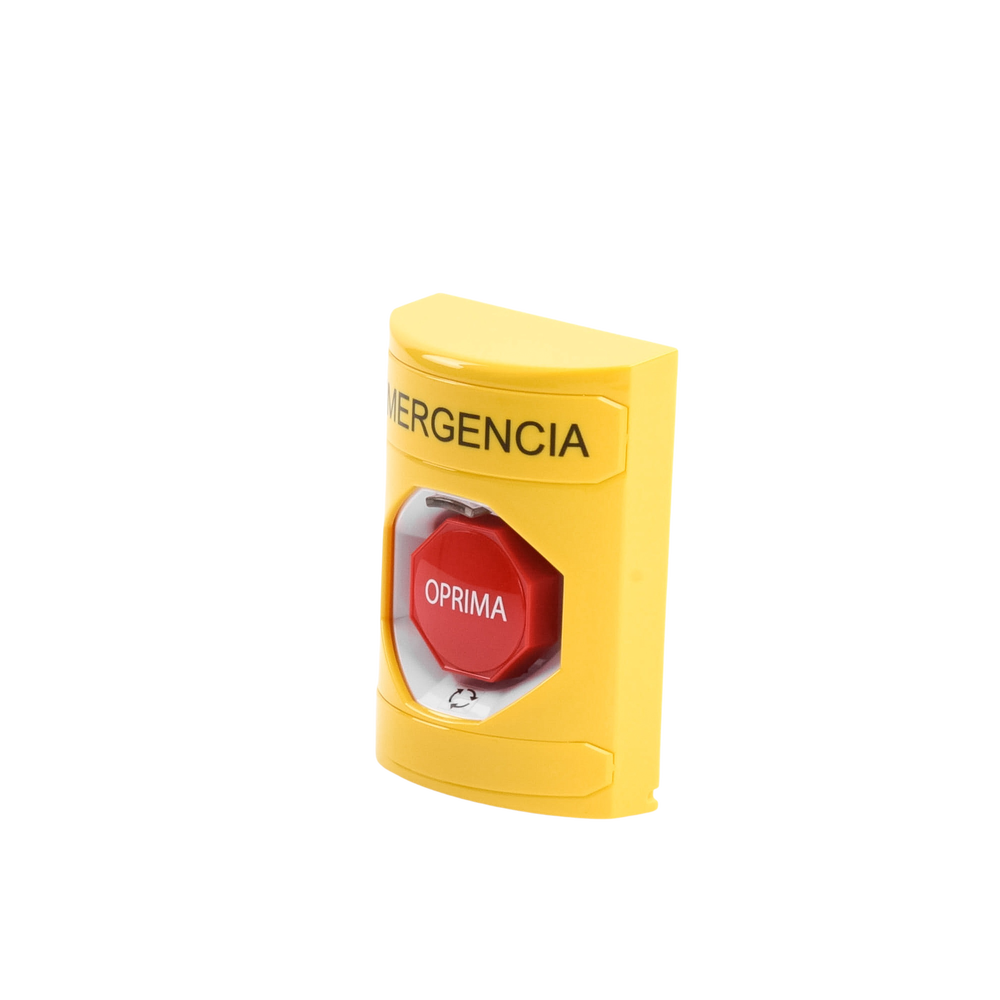 Emergency Button in Spanish, Yellow Color, Maintained Action, Twist to Reset and Multicolor LED