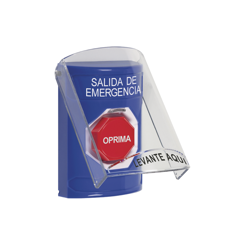Botón de Salida de Emergencia, Texto en Español, Tapa Protectora de Policarbonato Súper Resistente y Restablecimiento con Llave