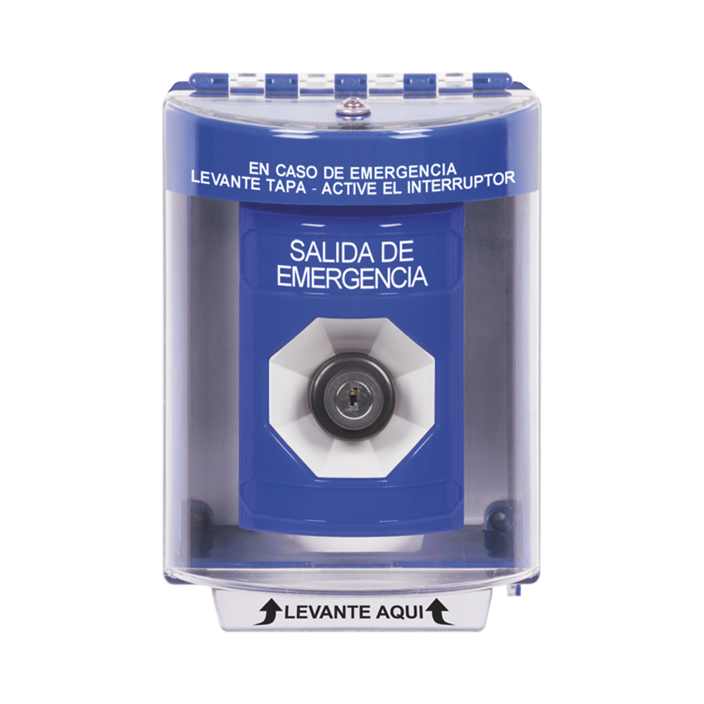 Botón de Salida de Emergencia, Texto en Español, Tapa Protectora de Policarbonato Súper Resistente, Llave para Activar