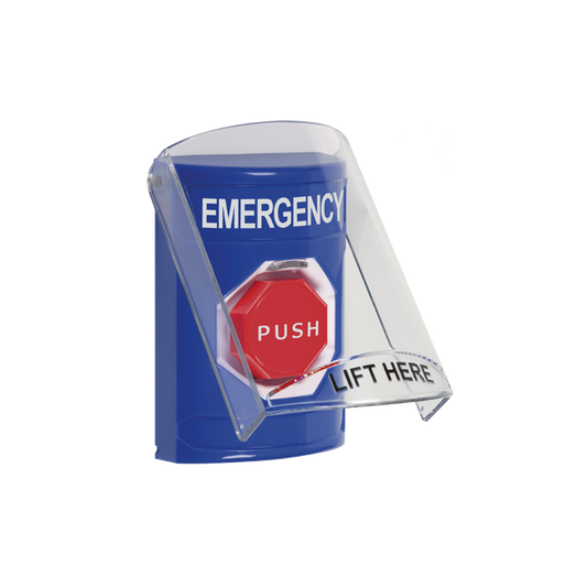 Botón de Emergencia en Ingles con Tapa Protectora de Policarbonato Súper Resistente, Restablecimiento con Llave y Sirena