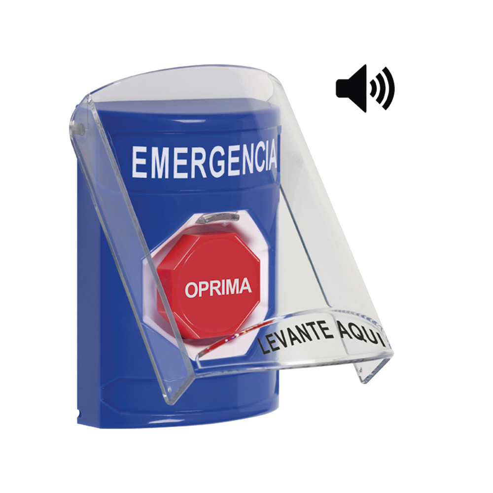 Botón de Emergencia en Español con Tapa Protectora de Policarbonato Súper Resistente, Restablecimiento con Llave y Sirena