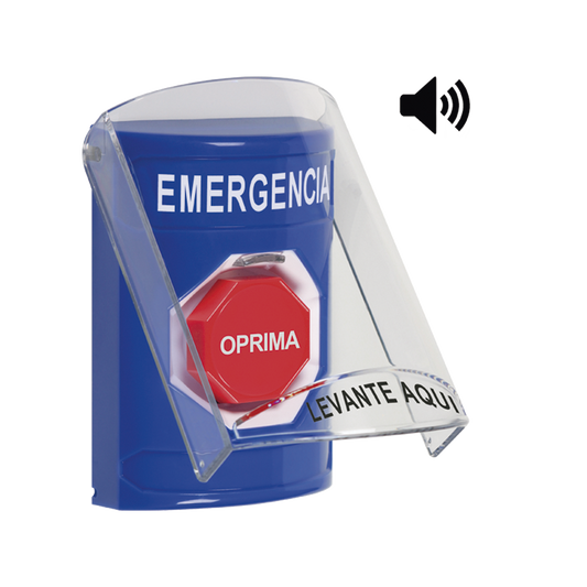 Botón de Emergencia en Español con Tapa Protectora de Policarbonato Súper Resistente, Restablecimiento con Llave y Sirena