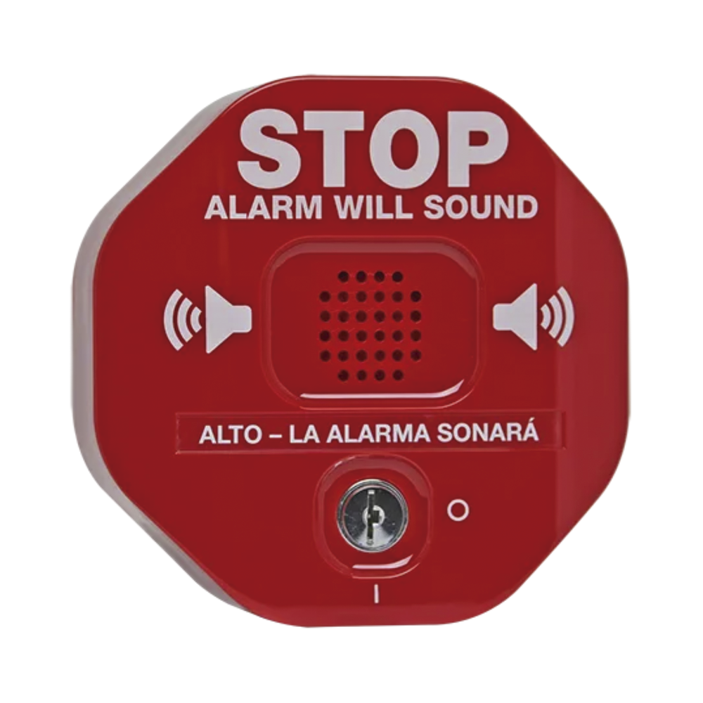 Anunciador Audible y Visible para Salida de Emergencia, Texto en Inglés y Etiquetas en Múltiples Idiomas