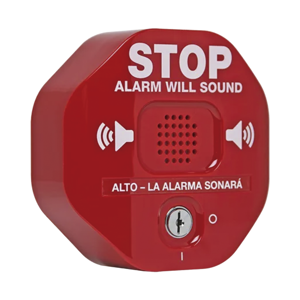 Anunciador Audible y Visible para Salida de Emergencia, Texto en Inglés y Etiquetas en Múltiples Idiomas