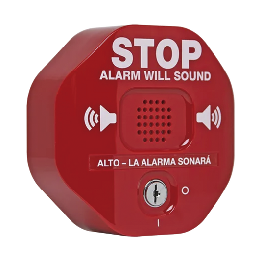 Anunciador Audible y Visible para Salida de Emergencia, Texto en Inglés y Etiquetas en Múltiples Idiomas
