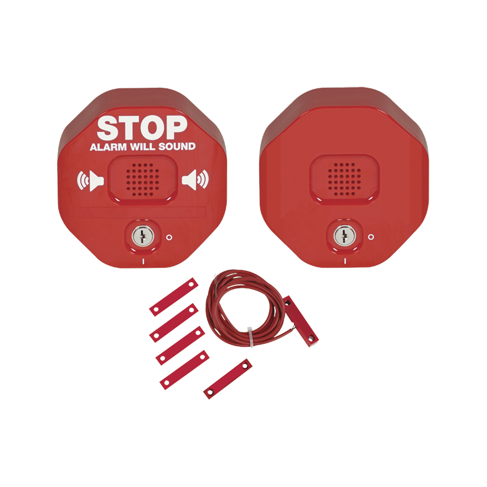 Anunciador Audible para Salida de Emergencia de Doble Hoja con Sirena Remota, Color Rojo y Texto en Inglés