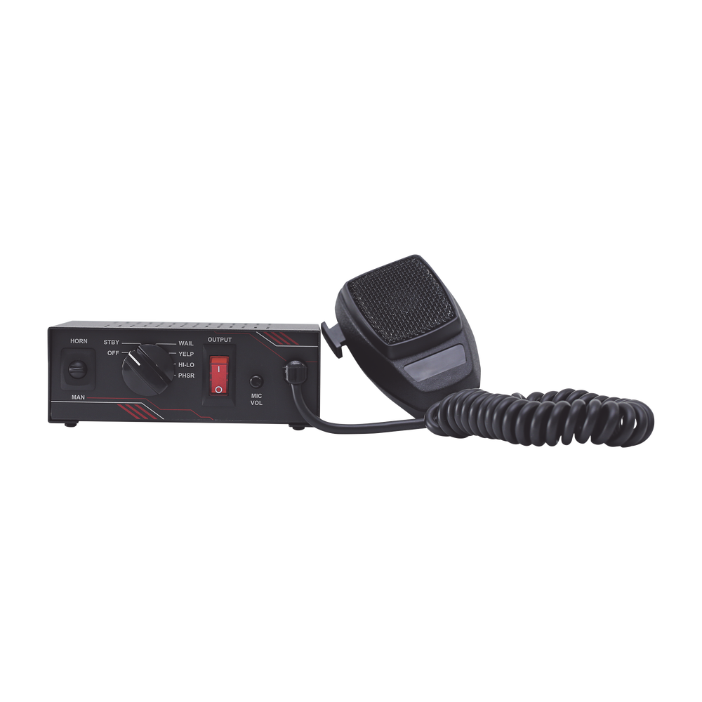 Sirena Vehicular de 100W de Potencia, Con Switch Giratorio de 6 posiciones y Micrófono Integrado de Uso Rudo