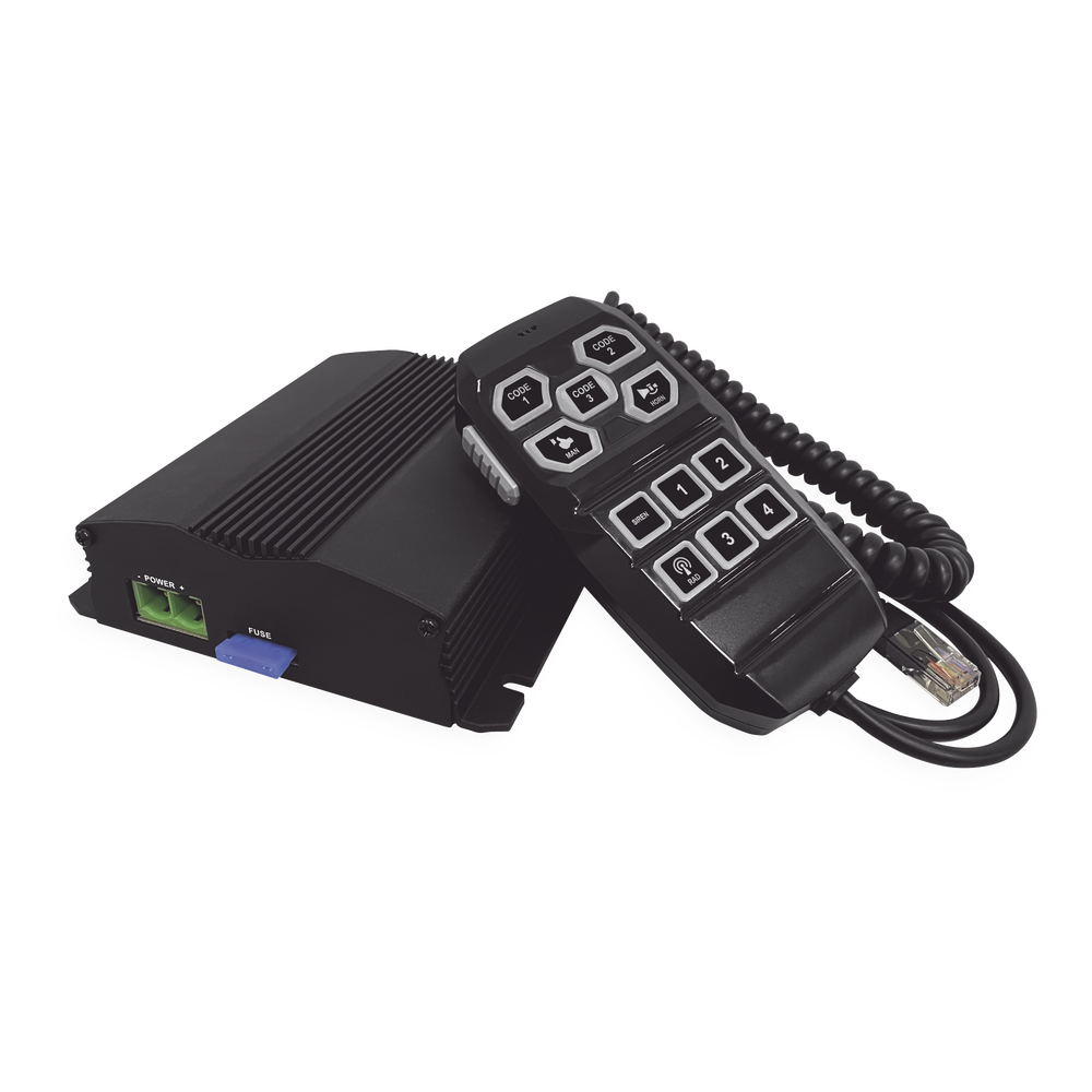 Sirena Vehicular de 100W de Potencia, Con Controlador Unimando Para Control de Tonos, 4 Luces Auxiliares y Microfono