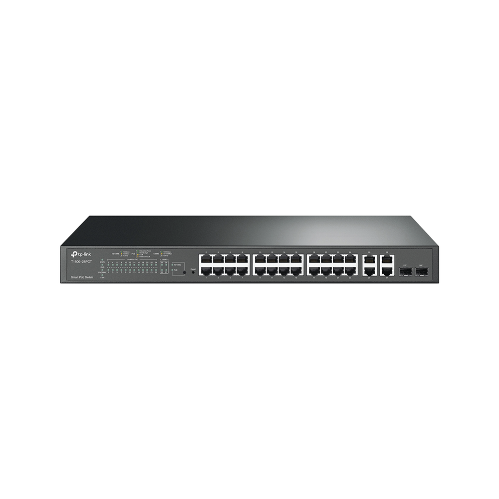 Smart Switch PoE+ administrable Capa 2, 24 puertos 10/100 Mbps, 4 puertos 10/100/1000 Mbps + 2 puertos SFP combo, 192 W