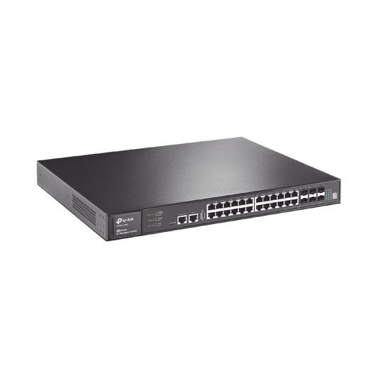 Switch Core JetStream administrable capa 3, 24 puertos RJ45 Gigabit, 4 puertos SFP combo, hasta 4 ranuras SFP+, apilamiento de hasta 8.