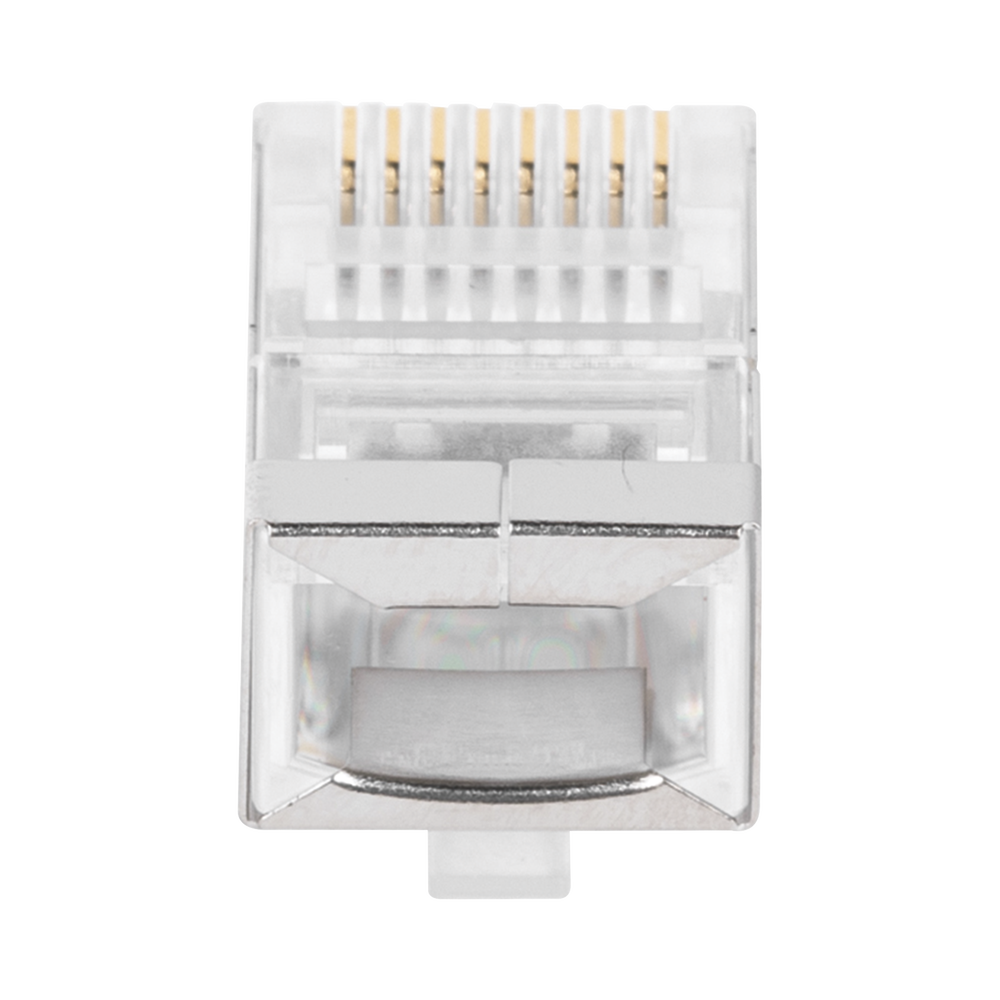 Bote con 100 Plugs Pass through RJ45 Cat5e BLINDADO, chapado de oro a 30 micras para durabilidad extrema