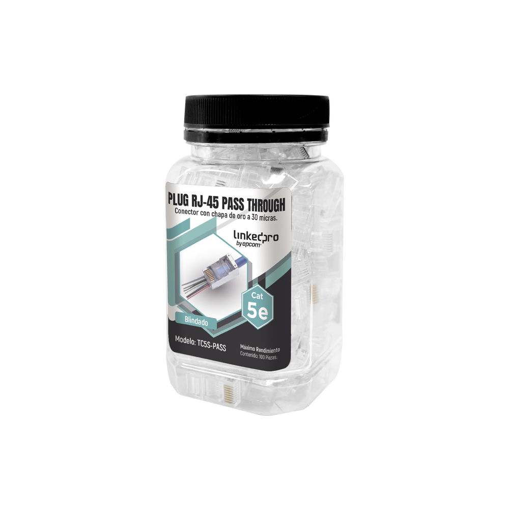 Bote con 100 Plugs Pass through RJ45 Cat5e BLINDADO, chapado de oro a 30 micras para durabilidad extrema