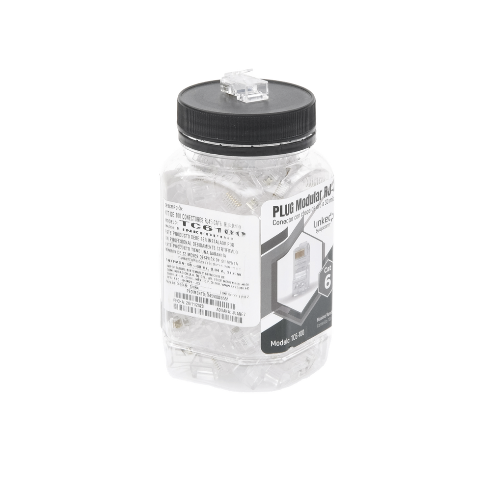 Bote con 100 Piezas de Plug Modular RJ45 Cat6 sin blindaje, chapado de oro a 30 micras para durabilidad extrema