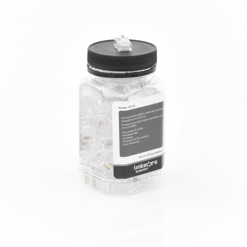 Bote con 100 Piezas de Plug Modular RJ45 Cat6 sin blindaje, chapado de oro a 30 micras para durabilidad extrema