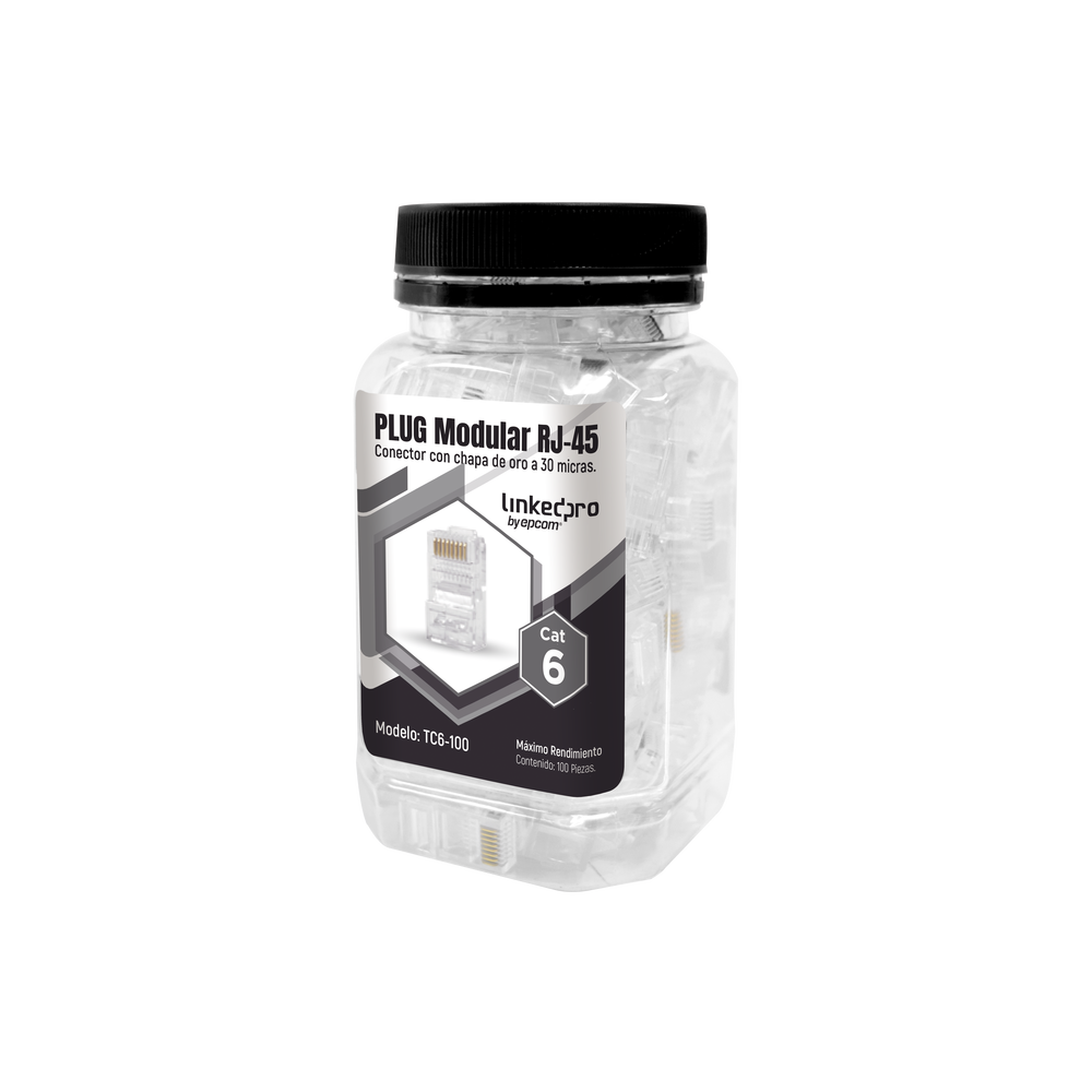 Bote con 100 Piezas de Plug Modular RJ45 Cat6 sin blindaje, chapado de oro a 30 micras para durabilidad extrema