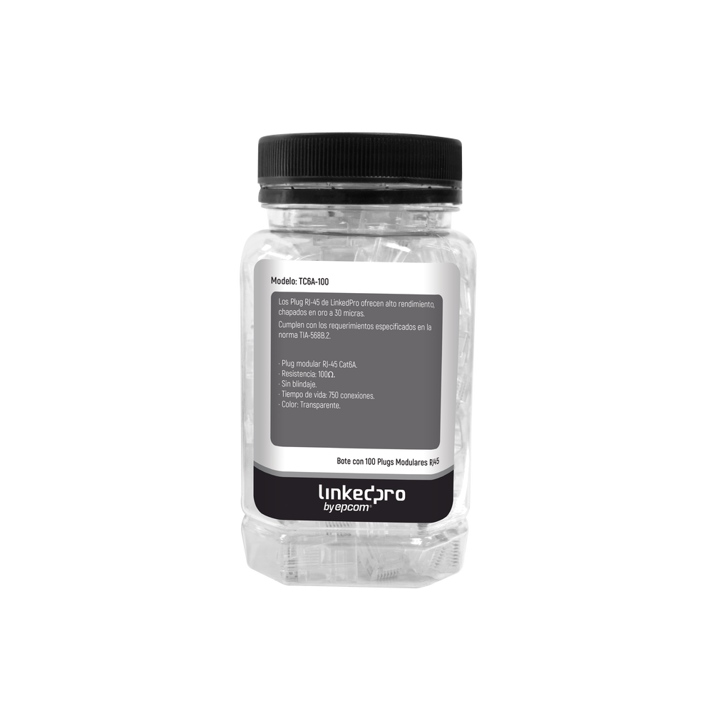 Bote con 100 Piezas de Plug Modular RJ45 Cat6A chapado de oro a 30 micras para durabilidad extrema