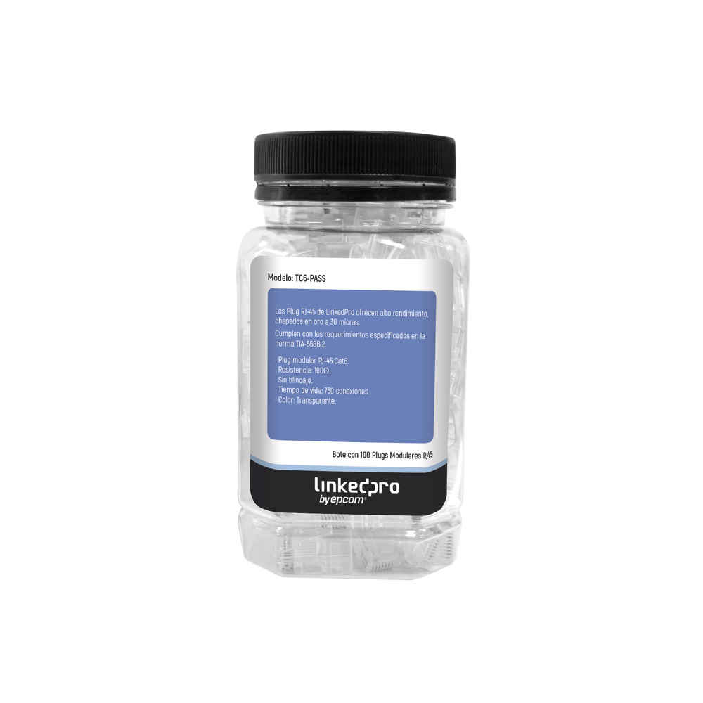 Can of 100 unshielded RJ45 Cat6 Pass-Thru plugs, 30 micron gold plated for extreme durability
