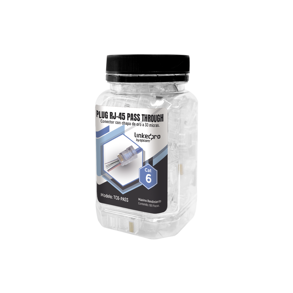 Bote con 100 Plugs Pass through RJ45 Cat6 sin blindaje, chapado de oro a 30 micras para durabilidad extrema