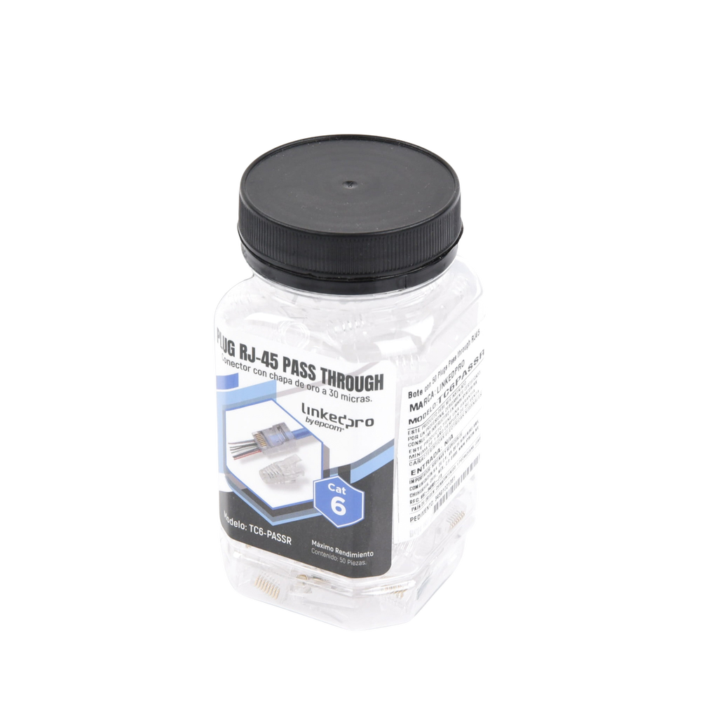 Bote con 50 Plugs Pass through RJ45 Cat6 sin blindaje, con alivio de tensión incluido, chapado de oro a 30 micras para durabilidad extrema