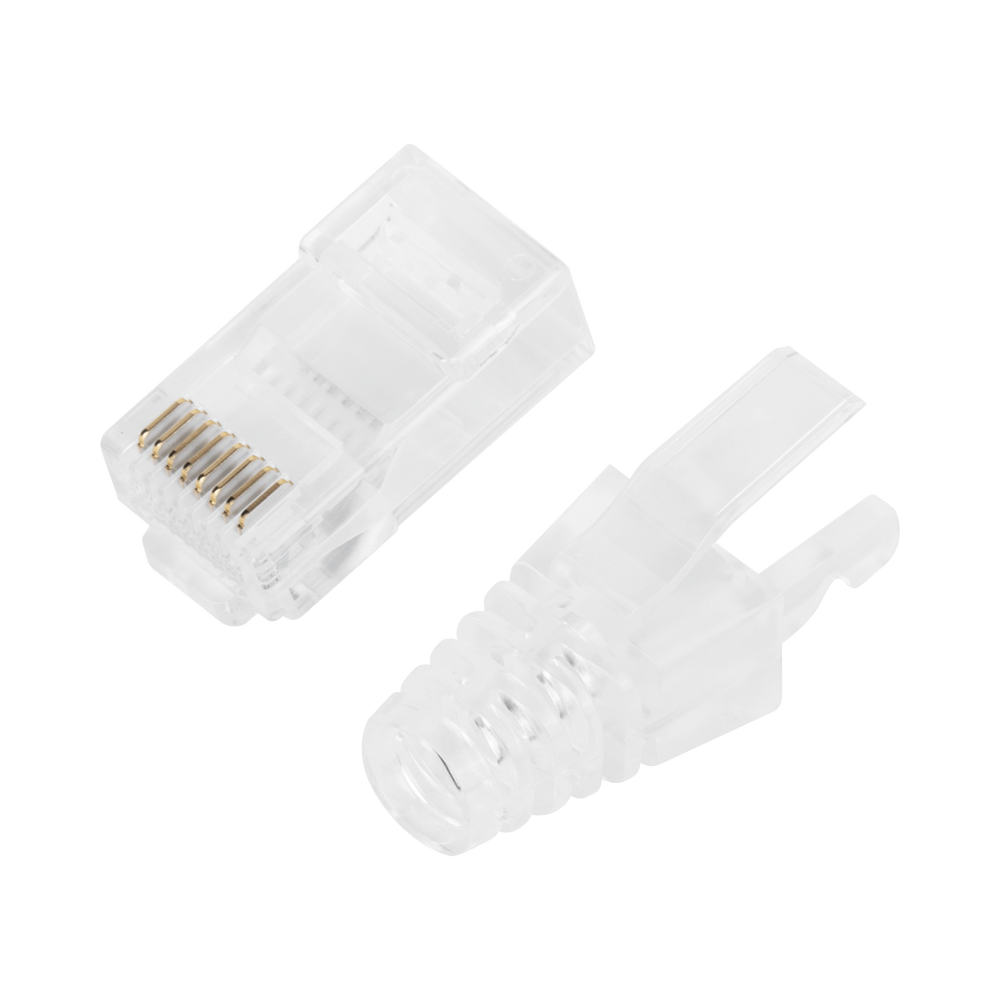 Bote con 50 Plugs Pass through RJ45 Cat6 sin blindaje, con alivio de tensión incluido, chapado de oro a 30 micras para durabilidad extrema