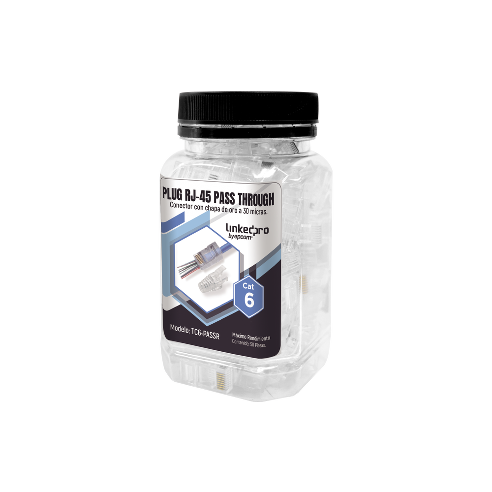 Bote con 50 Plugs Pass through RJ45 Cat6 sin blindaje, con alivio de tensión incluido, chapado de oro a 30 micras para durabilidad extrema
