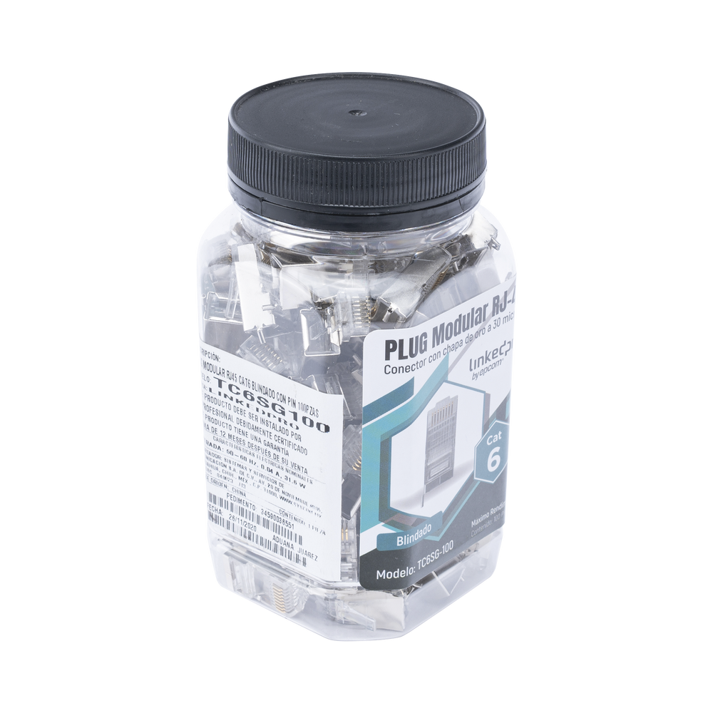 Bote con 100 Piezas de Plug Modular RJ45 Cat6 blindado con pin de tierra, chapado de oro a 30 micras para durabilidad extrema