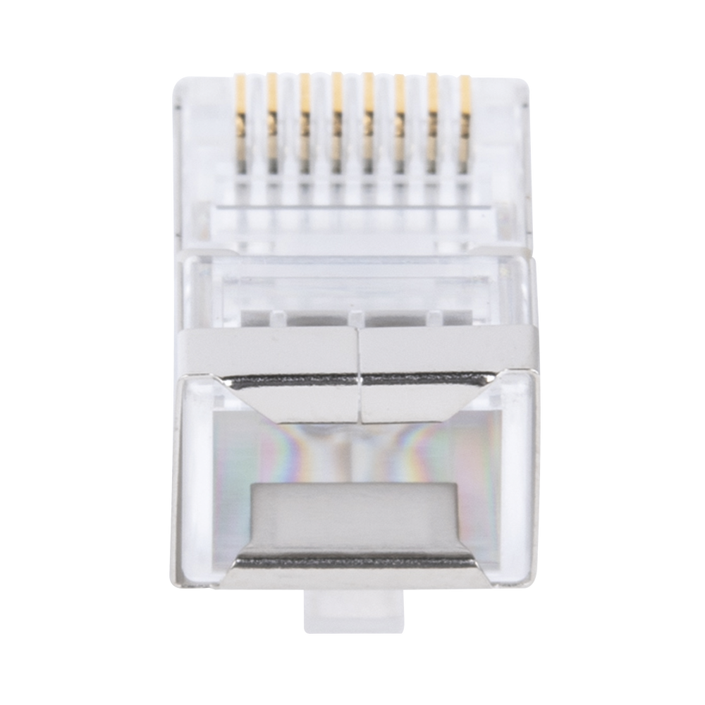 Bote con 100 Plugs Pass through RJ45 Cat6 BLINDADO chapado de oro a 30 micras para durabilidad extrema