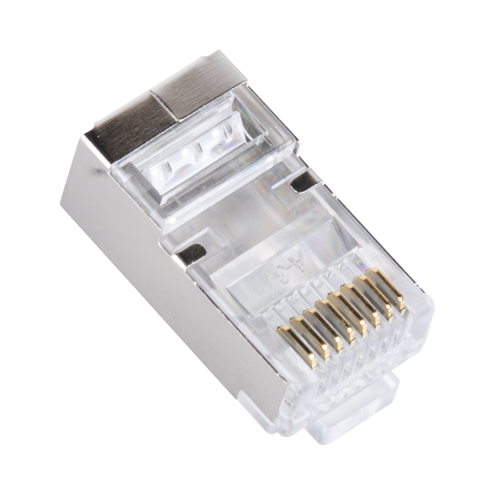Bote con 100 Plugs Pass through RJ45 Cat6 BLINDADO chapado de oro a 30 micras para durabilidad extrema
