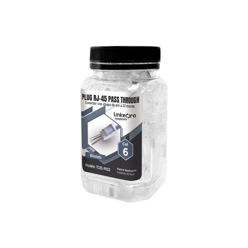 Bote con 100 Plugs Pass through RJ45 Cat6 BLINDADO chapado de oro a 30 micras para durabilidad extrema