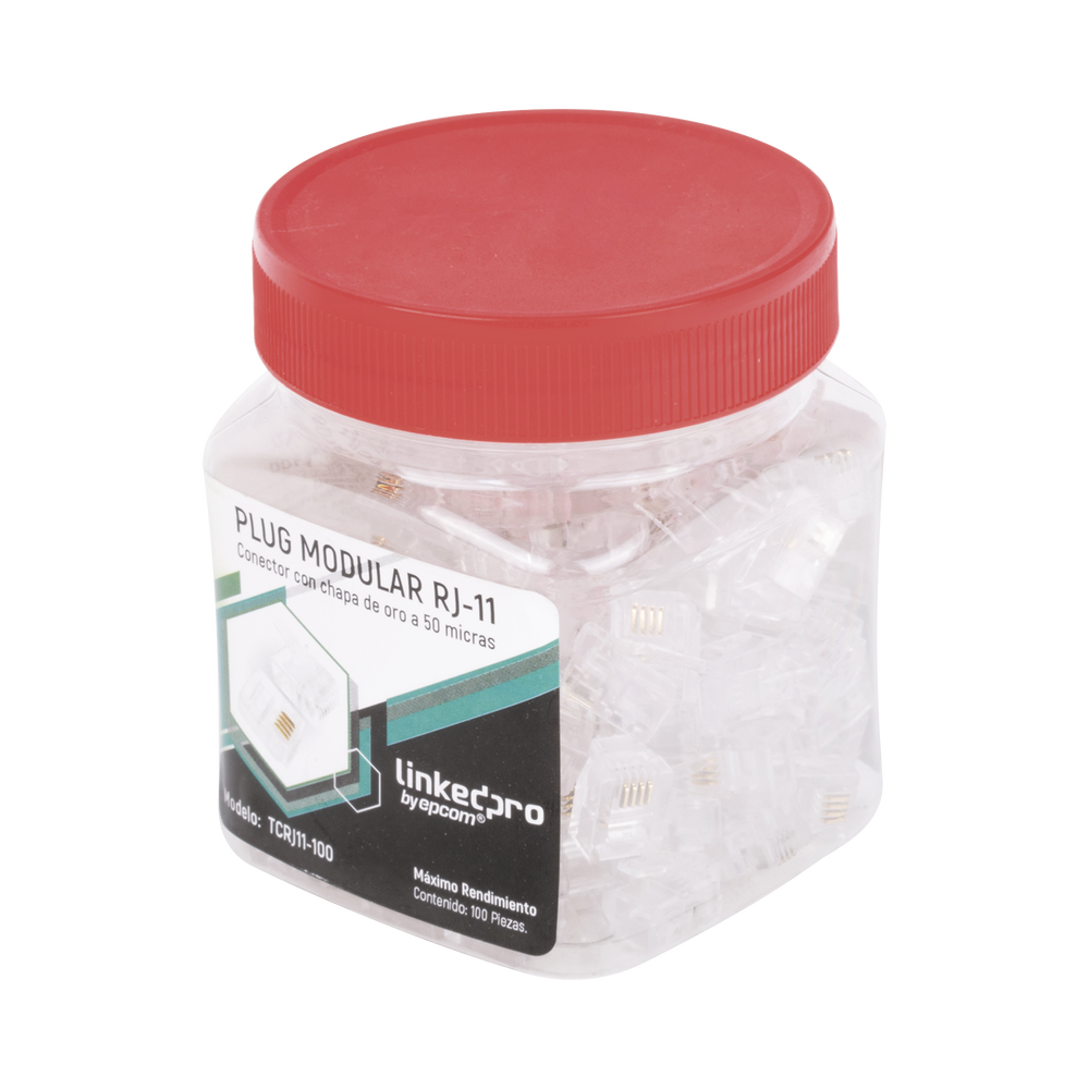 Bote con 100 piezas de plug modular tipo RJ11 de 4 contactos chapado de oro a 50 micras