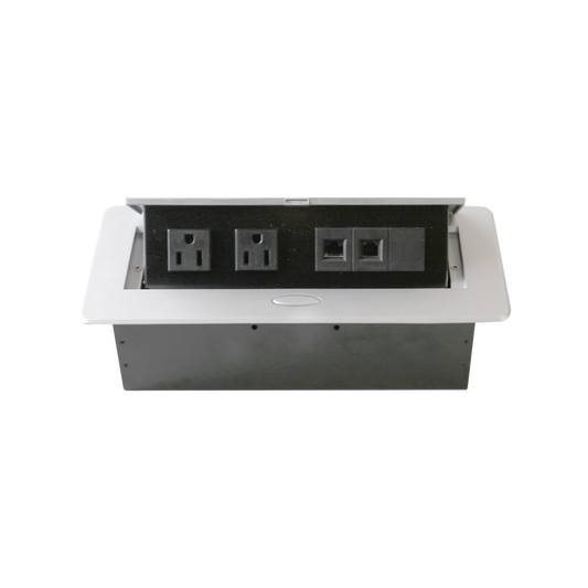 Caja horizontal de escritorio, con conector RJ45 Cat5e, RJ11, 2 contactos de 125v (11000-73201)