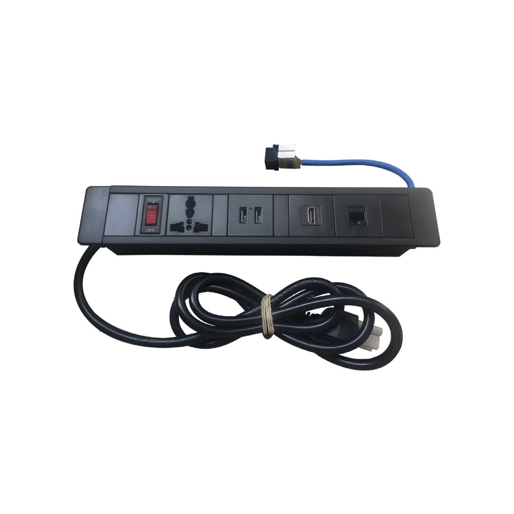 Hub para escritorio color negro,  con 1 Puerto HDMI Hembra-Hembra, 1 Conector RJ45 Cat6, 2 Puertos USB 5V DC /2 A, y 1 Contacto eléctrico universal 