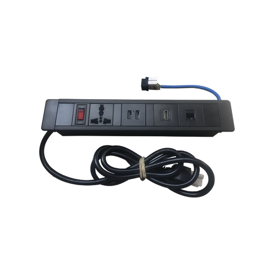 Hub para escritorio color negro,  con 1 Puerto HDMI Hembra-Hembra, 1 Conector RJ45 Cat6, 2 Puertos USB 5V DC /2 A, y 1 Contacto eléctrico universal 