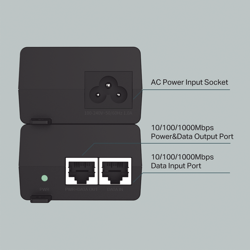 Inyector PoE Gigabit 802.3 af/at 1 puerto 10/100/1000 Mbps