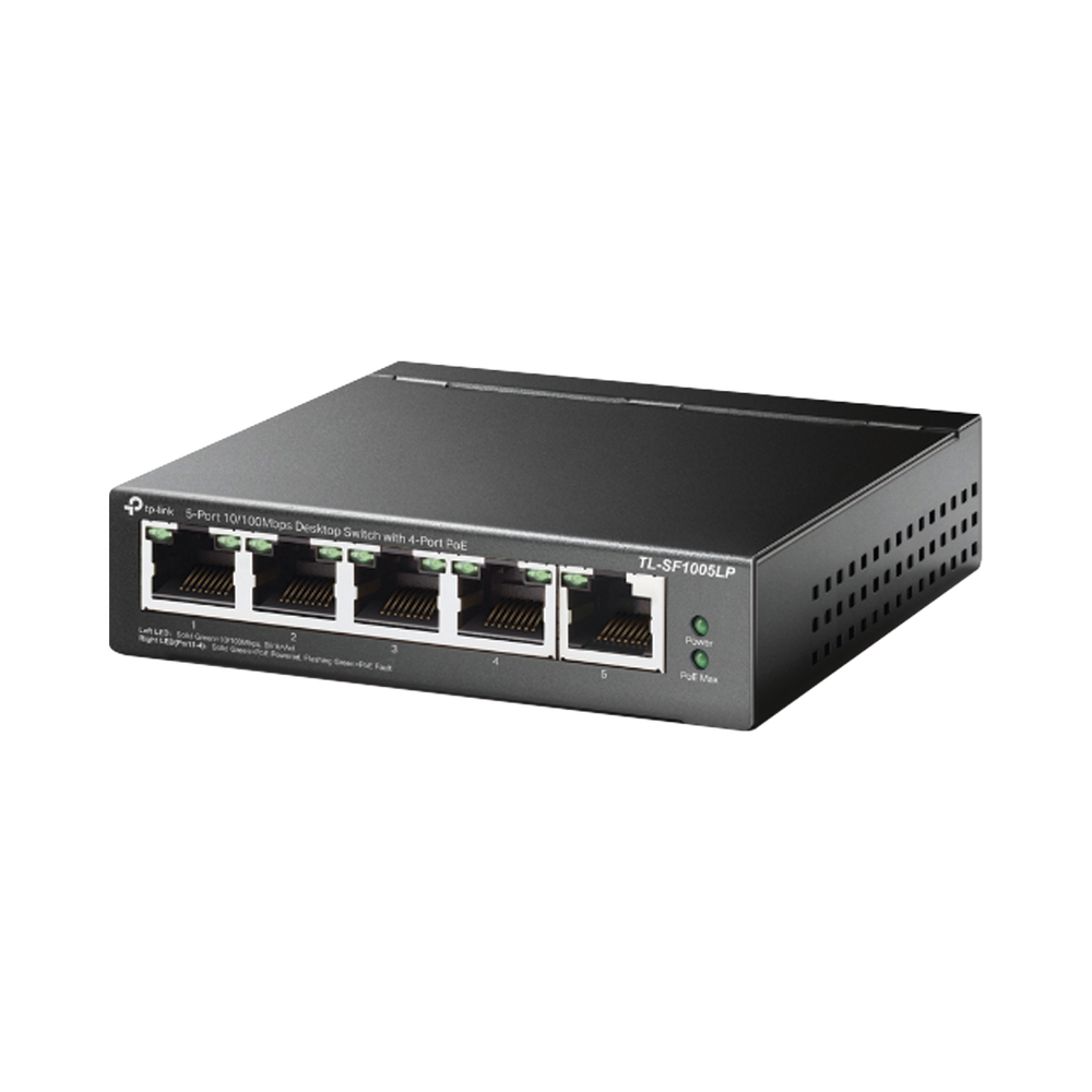 Switch PoE no Administrable de escritorio 5 puertos 10/100 Mbps, 4 puertos PoE, 41 W, modo extensor PoE hasta 250 metros.