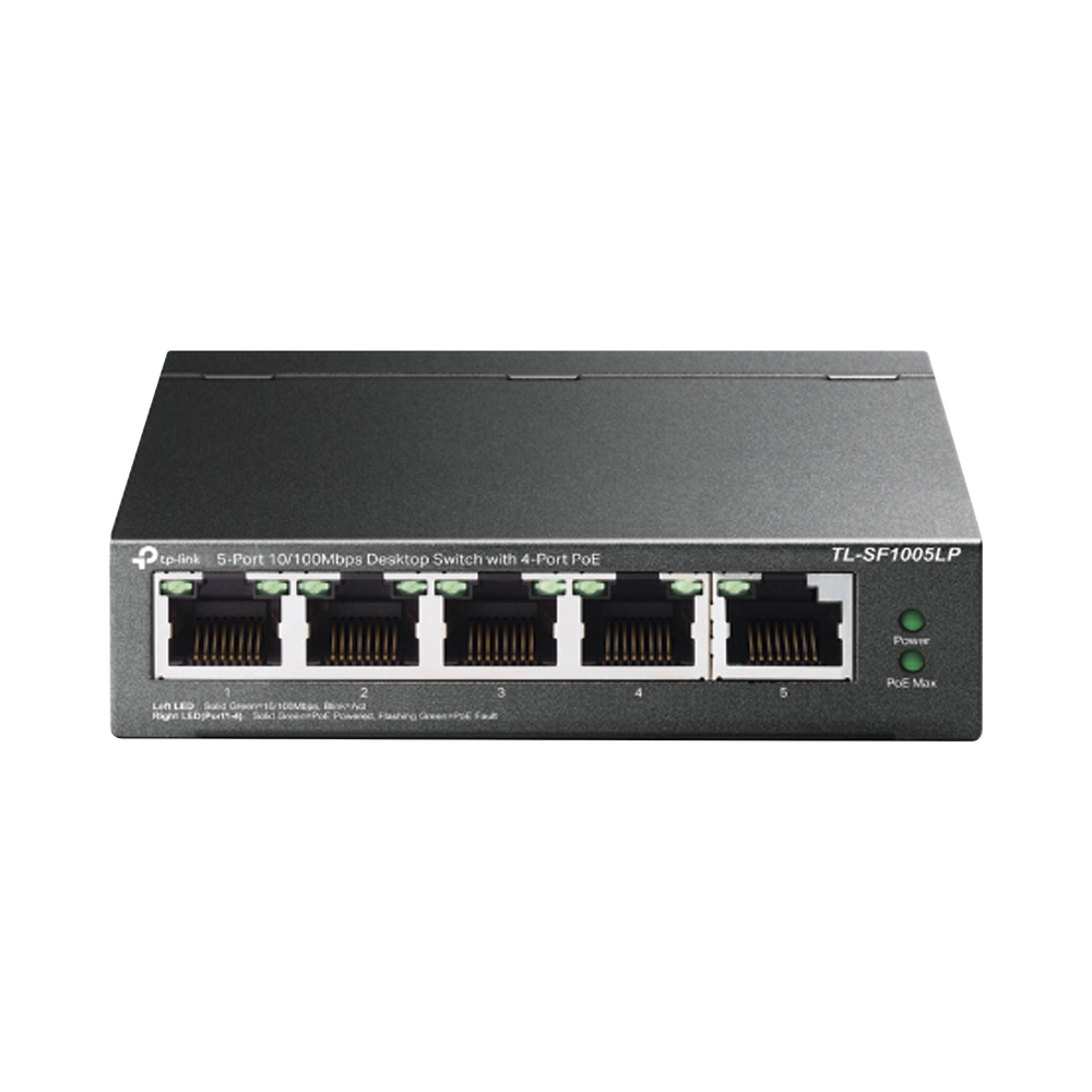 Switch PoE no Administrable de escritorio 5 puertos 10/100 Mbps, 4 puertos PoE, 41 W, modo extensor PoE hasta 250 metros.