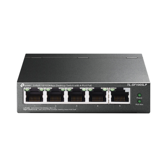 Switch PoE no Administrable de escritorio 5 puertos 10/100 Mbps, 4 puertos PoE, 41 W, modo extensor PoE hasta 250 metros.