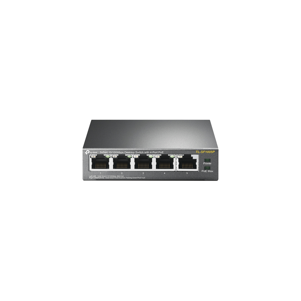 Switch PoE no Administrable de escritorio 5 puertos 10/100 Mbps, 4 puertos PoE, 58 W