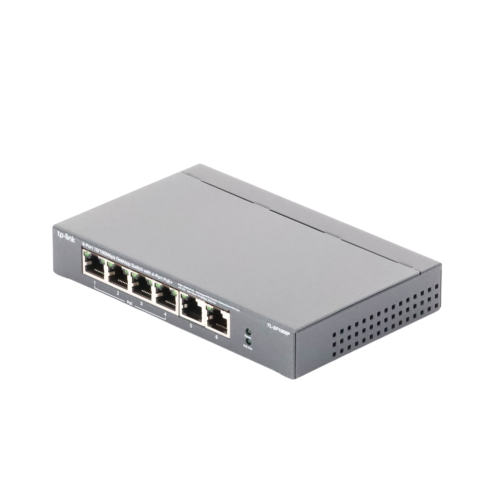 Switch PoE no Administrable de escritorio 6 puertos 10/100 Mbps, 4 puertos PoE, 67 W