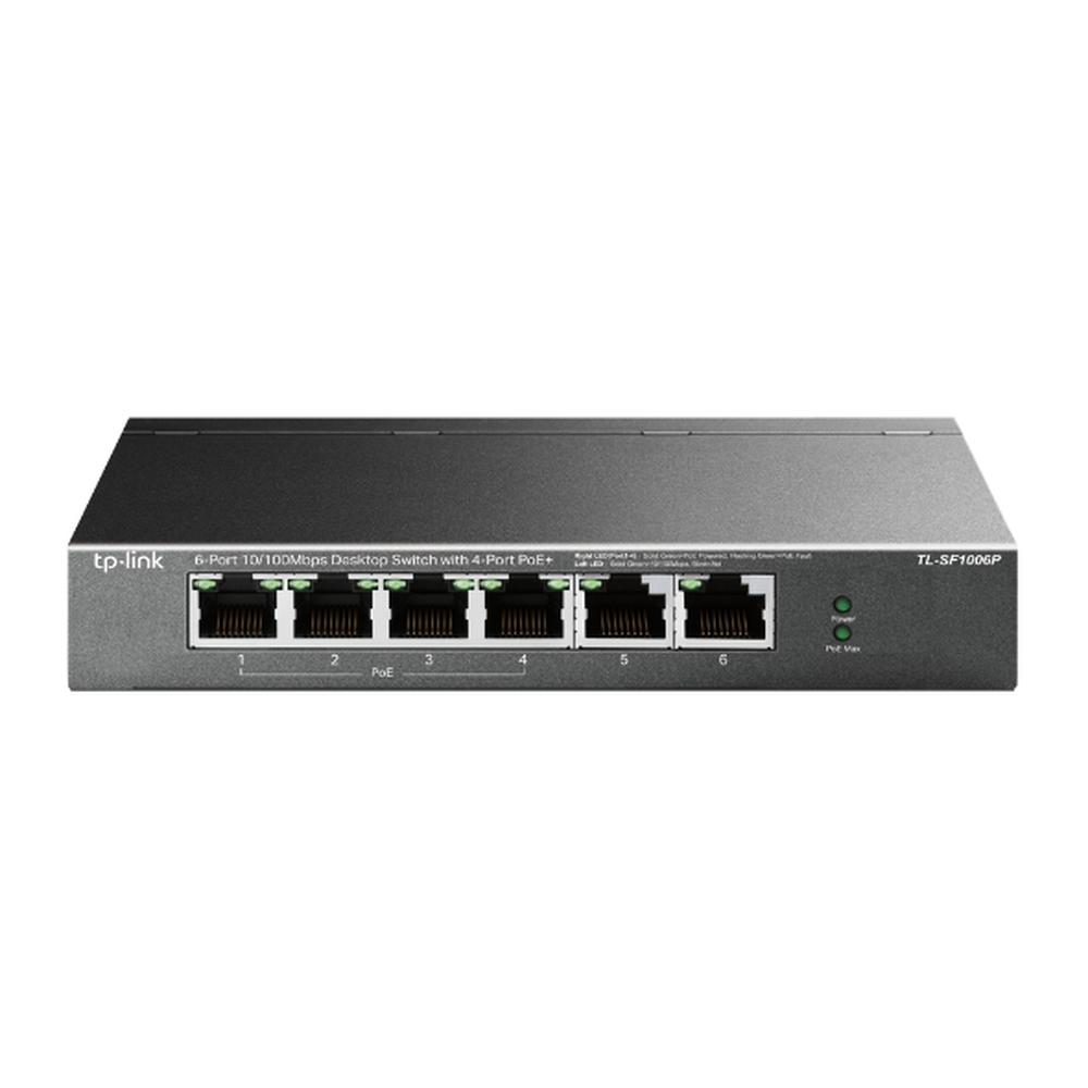 Switch PoE no Administrable de escritorio 6 puertos 10/100 Mbps, 4 puertos PoE, 67 W