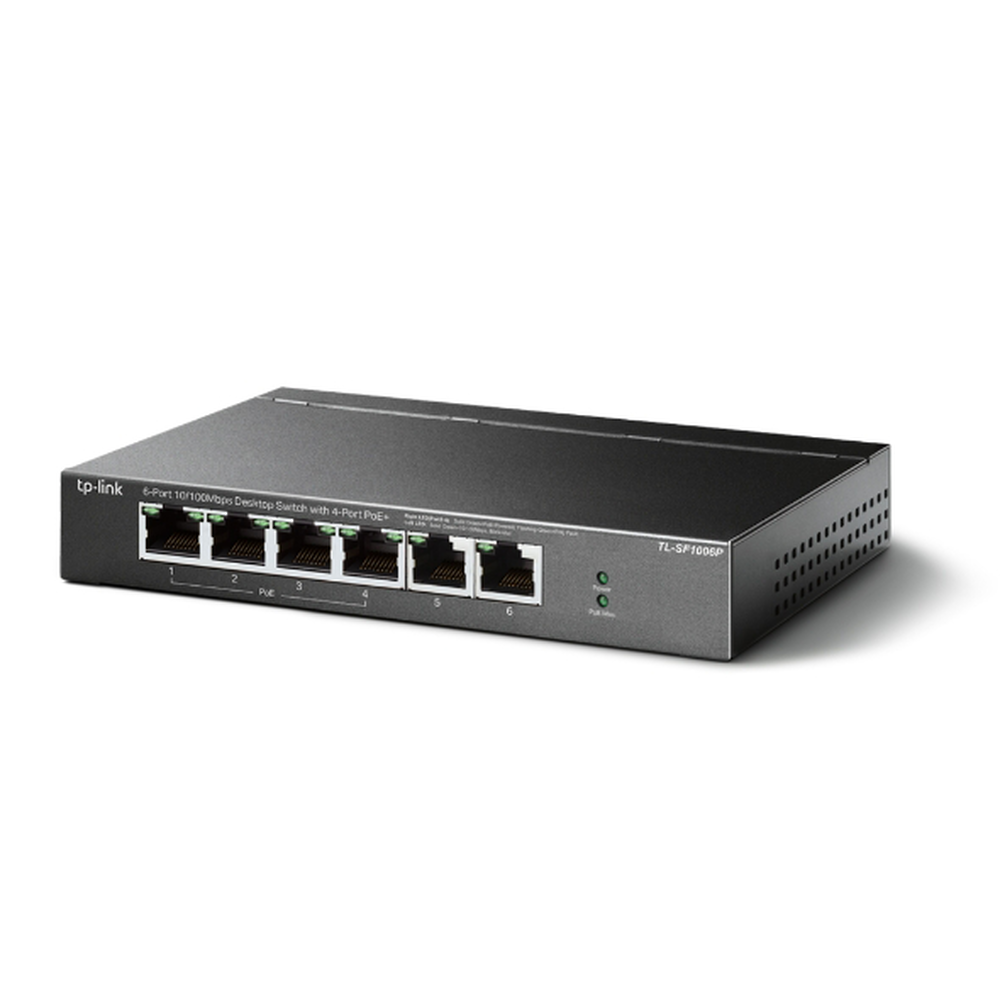 Switch PoE no Administrable de escritorio 6 puertos 10/100 Mbps, 4 puertos PoE, 67 W 