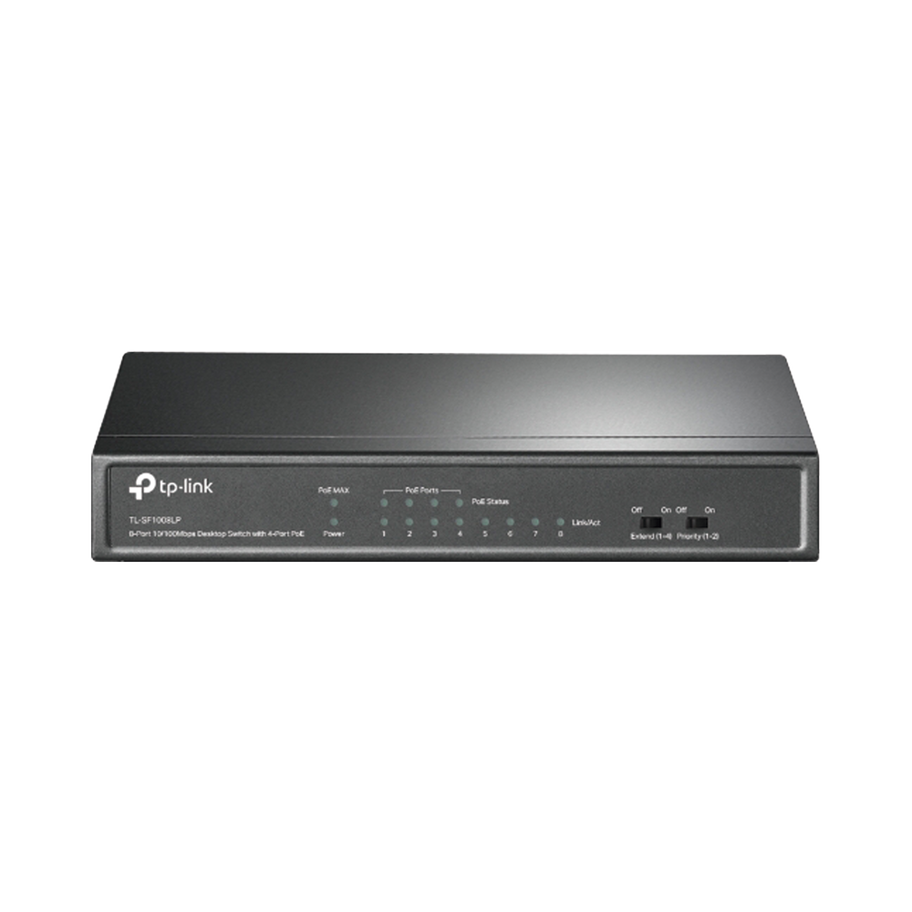 Switch PoE no Administrable de escritorio 8 puertos 10/100 Mbps, 4 puertos PoE, 41 W, modo extensor PoE hasta 250 metros.