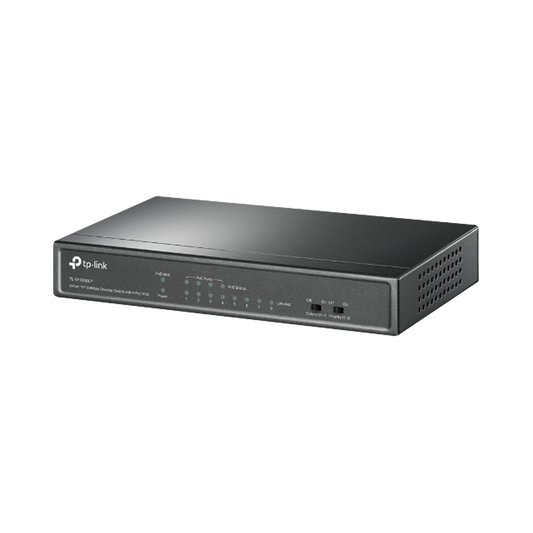 Switch PoE no Administrable de escritorio 8 puertos 10/100 Mbps, 4 puertos PoE, 41 W, modo extensor PoE hasta 250 metros. 