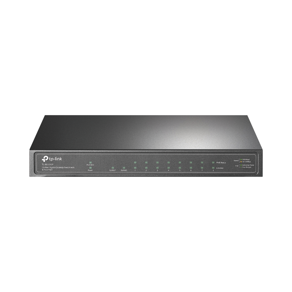 Switch de escritorio PoE+, no Administrable 8 puertos 10/100/1000 Mbps + 1 puertos 10/100/1000 Mbps (Uplink) + 1 puerto SFP, 63W