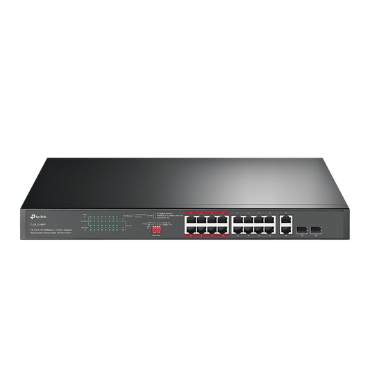 Switch PoE+ no Administrable de 16 puertos 10/100 Mbps, 2 puertos 10/100/1000 en combo con 2 puertos SFP, 194 W, Extensor PoE de hasta 250 m