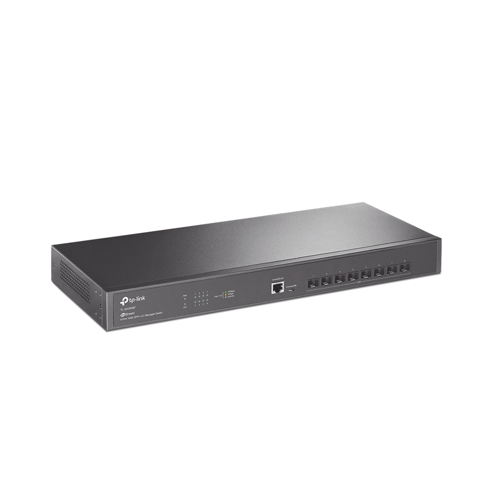 Switch Fibra óptica Omada SDN Administrable 8 puertos SFP+ 10GE / 1 puerto consola RJ45, puerto consola miro-SUB / Funciones sFlow, QinQ y QoS / compatile con IPv6 / Silencioso (sin ventiladores)