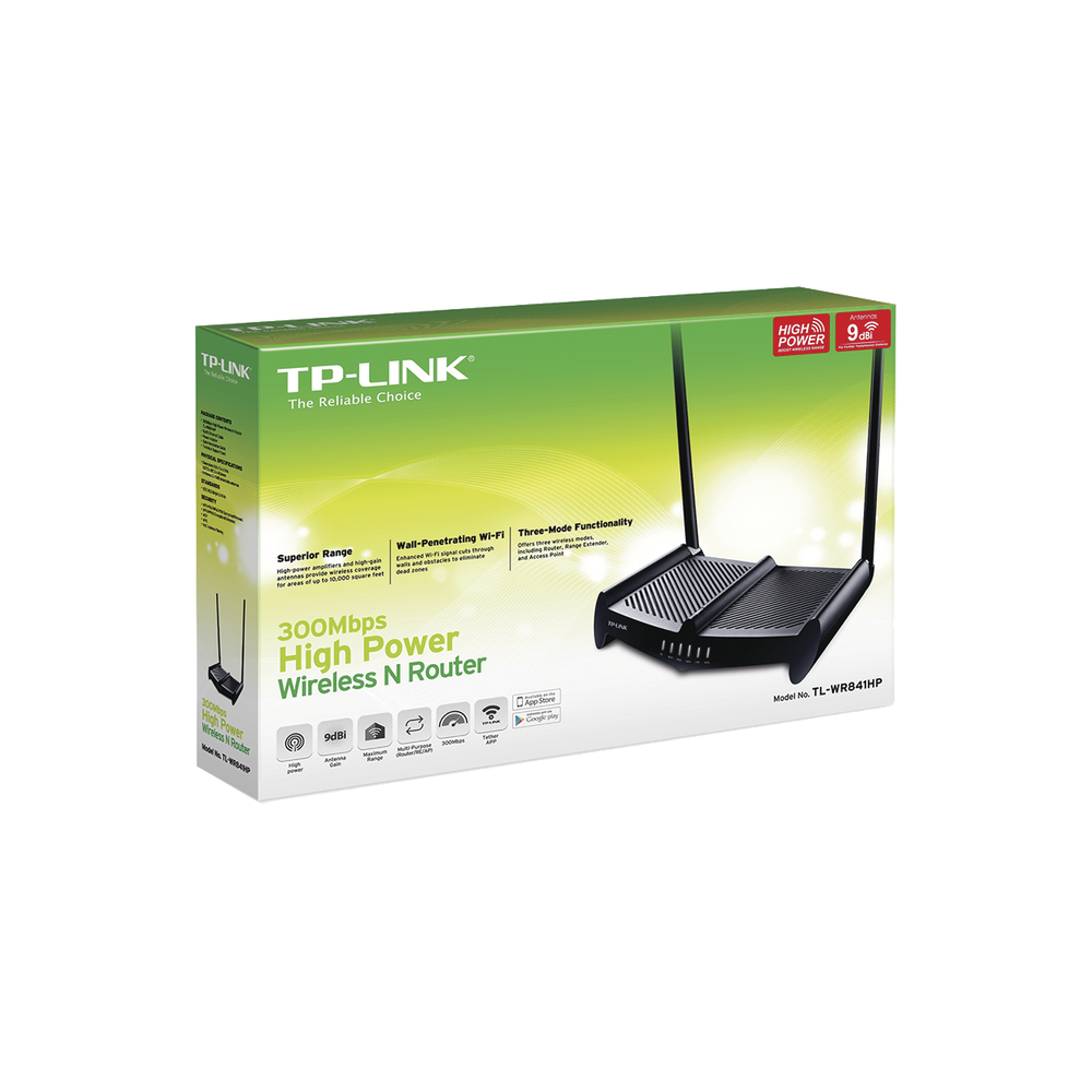 High Power Wireless Router, 2.4 GHz, 300 Mbps, 2 external omnidirectional 9 dBi antennas, 4 10/100 Mbps LAN ports, 1 10/100 Mbps WAN port, bandwidth control