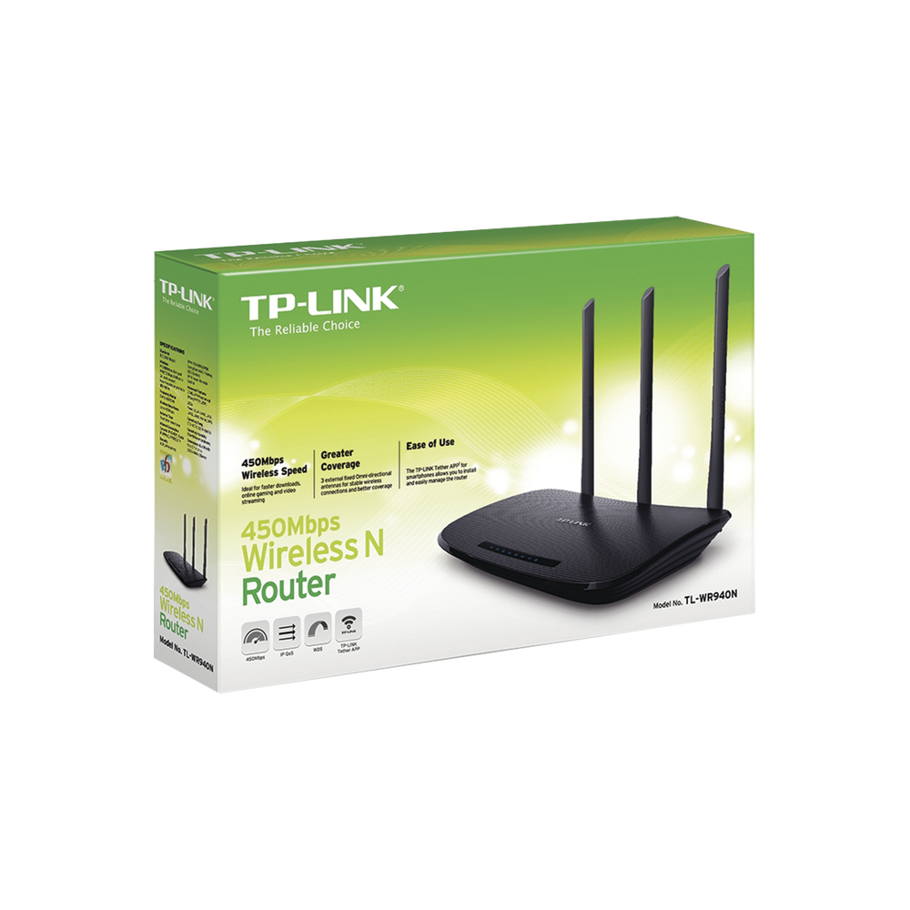 Router Inalámbrico  2.4 GHz, 450 Mbps, 3 antenas externas omnidireccional 5 dBi, 4 Puertos LAN 10/100 Mbps, 1 Puerto WAN 10/100 Mbps